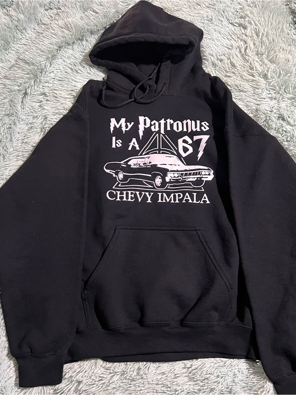 Gildan Black Hoodie with White Chevy Impala '67 Graphic